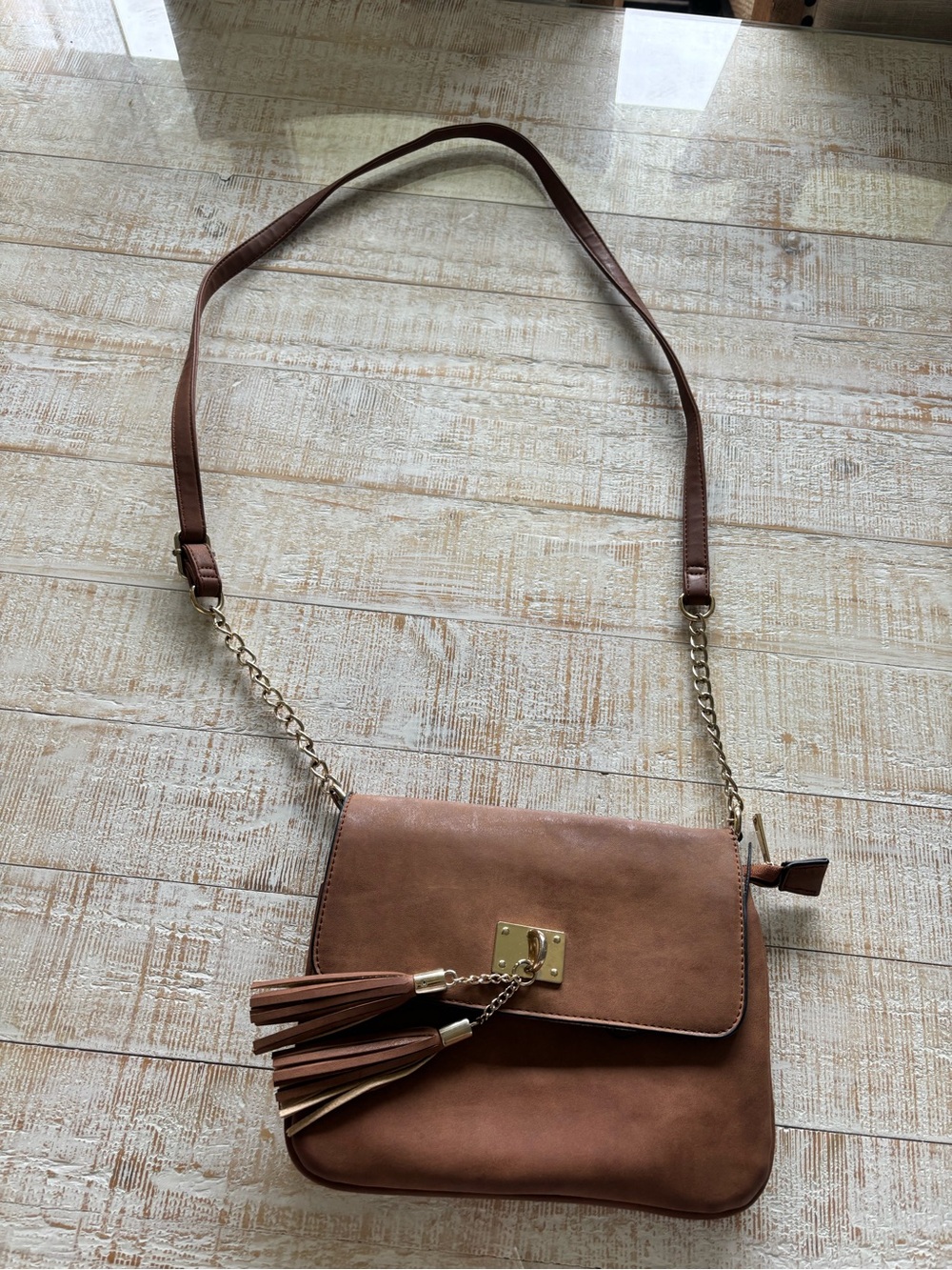 Call It Spring Brown Crossbody with Gold Chain & Tassels